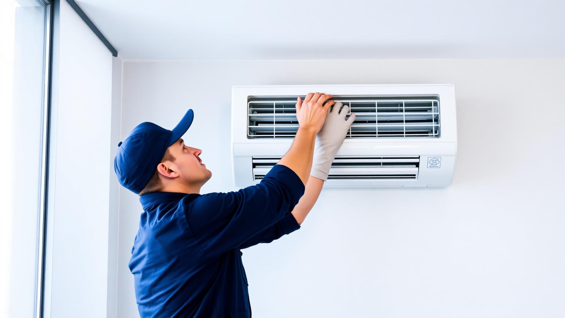Técnico instalando aparelho de ar condicionado split em ambiente interno